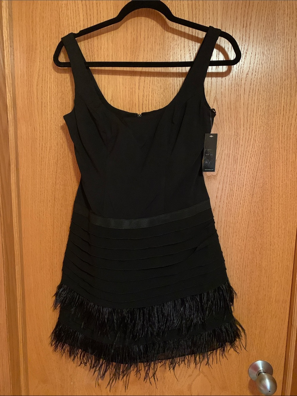 Faviana Black Feather Hem Mini Dress